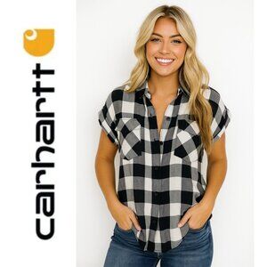 Carhartt Women's Short Sleeve Plaid 100% Viscose Button Up Top (Size S)